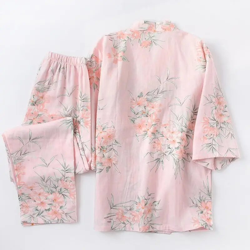 Spring New Comfort Japanese Kimono Pajamas Set Ladies Flower Gauze Cotton Thin Sweat Steaming Suit Cardigan Home Service