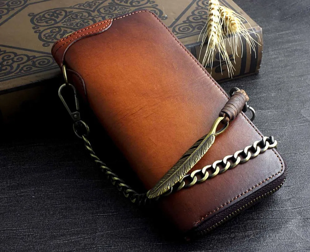 

Tan Vintage Leather Biker Rocker Long Wallet Purse Clutch With Metal Chain