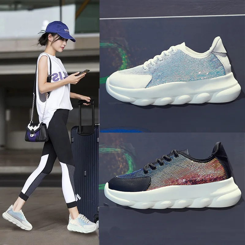 

Lace-Up Casual Fashion Platform Sneakers Bling Cross-tied Female Vulcanize Shoes Mixed Colors Winter Thick Soled Women Shoes