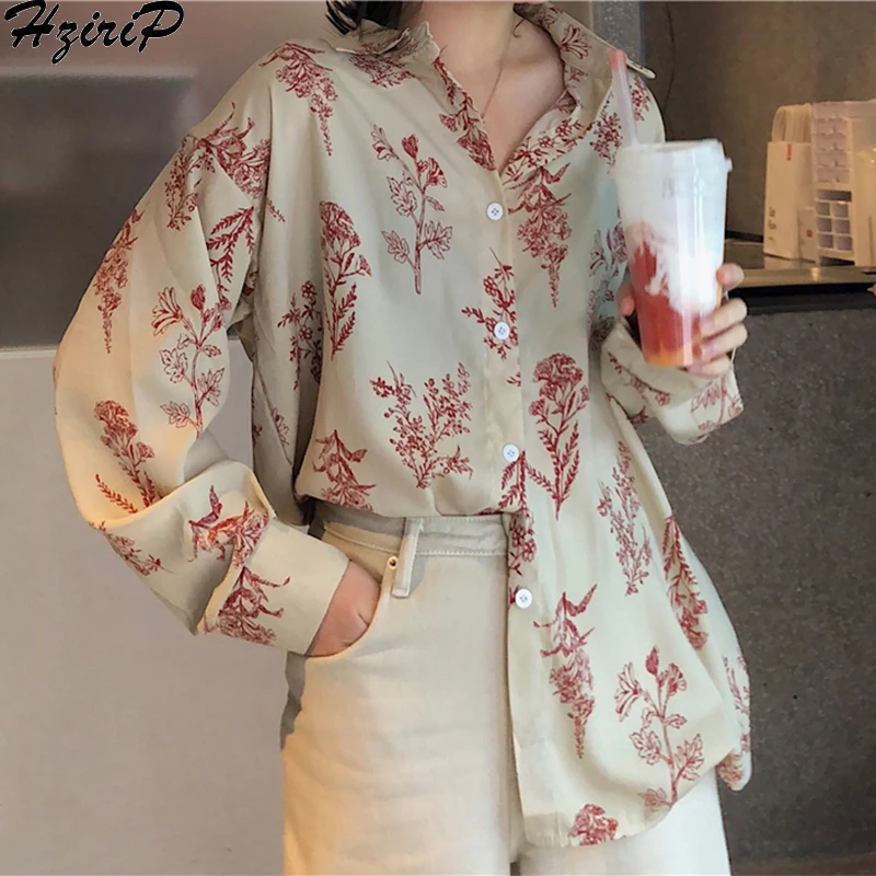 

Hzirip 2019 New Spring Fashion Casual Long Sleeves Retro Slim Loose Single Breasted Fresh Blouse All-Match Print Free Shirts