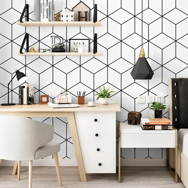 

Noridc Geometric Lattic 3D Wall Papers Black Vinyl White Grid Wallpaper Roll 3D for Living Room Background Mural Papel Pintado