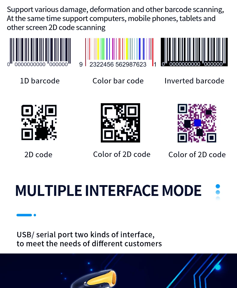 Сканер штрих-кода сканера штрих-кода USB/RS232 портативный сканер штрих-кода 1D/2D QR PDF417 штрих-кода SH-410