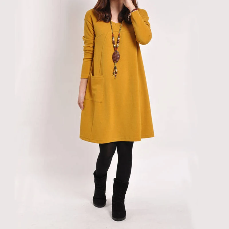 

New Fashion Women Dress Spring Autumn Heigh Quality Cotton Solid Color Knee-Length Dress Female Long Sleeve O-Neck Dresses