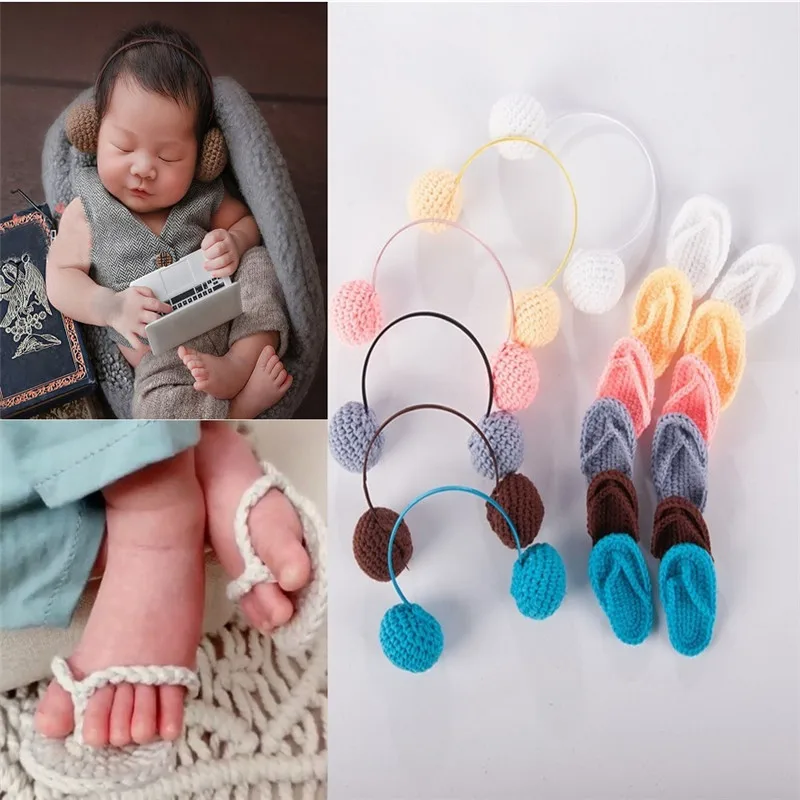 

Cute Newborn Photography Props Baby Photo Props Crochet Knitted Slipper Knitted Headset Prop