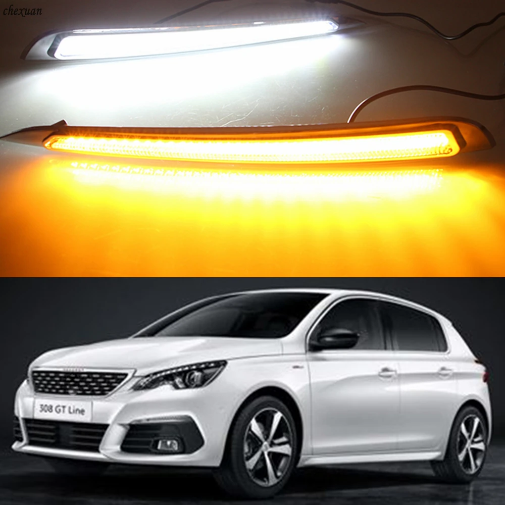 

CSCSNL 1 set For Peugeot 308 2016 2017 LED DRL Daytime Running Lights 12V ABS Fog Lamp Cover With turnning yellow signal Lamp