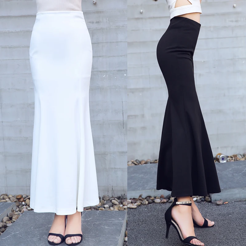 Новинка, модная длинная юбка макси для женщин, плюс размер, XS-3XL, стиль русалки, тянущаяся женская черная и белая юбка