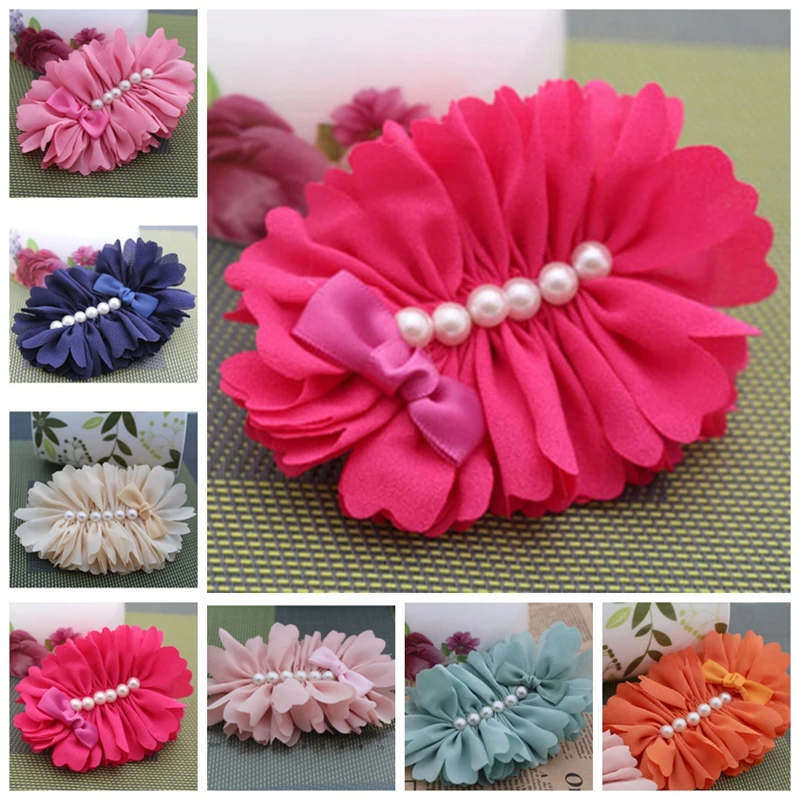

10pcs/lot 7 Colors Hair Clips Hair Accessories Chiffon Flower With Six Pearl For Girls Headband Flat Back Flower With Mini Bow