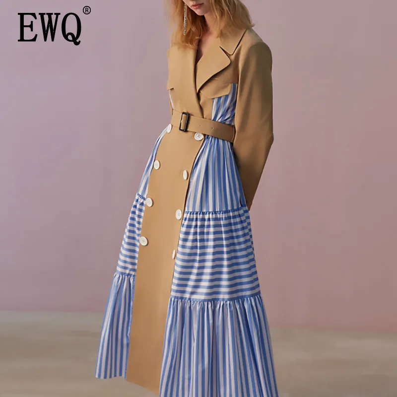 

[EWQ] 2019 New Spring Summer Lapel Long Sleeve Blue Striped Split Joint Loose Personality Windbreaker Women Trench Fashion JW827