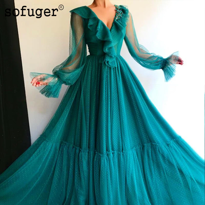 Зеленый жемчуг Тюль Пышные рукава V шеи вечернее платье Выпускной Vestidos De Fiesta Формальное вечернее платье Арабский мусульманский особых случаев