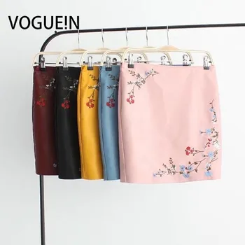 

VOGUEIN New Womens Fashion Ladies Floral Embroidery Faux Leather PU Mini Skirt Zipper 5 Colors Wholesale