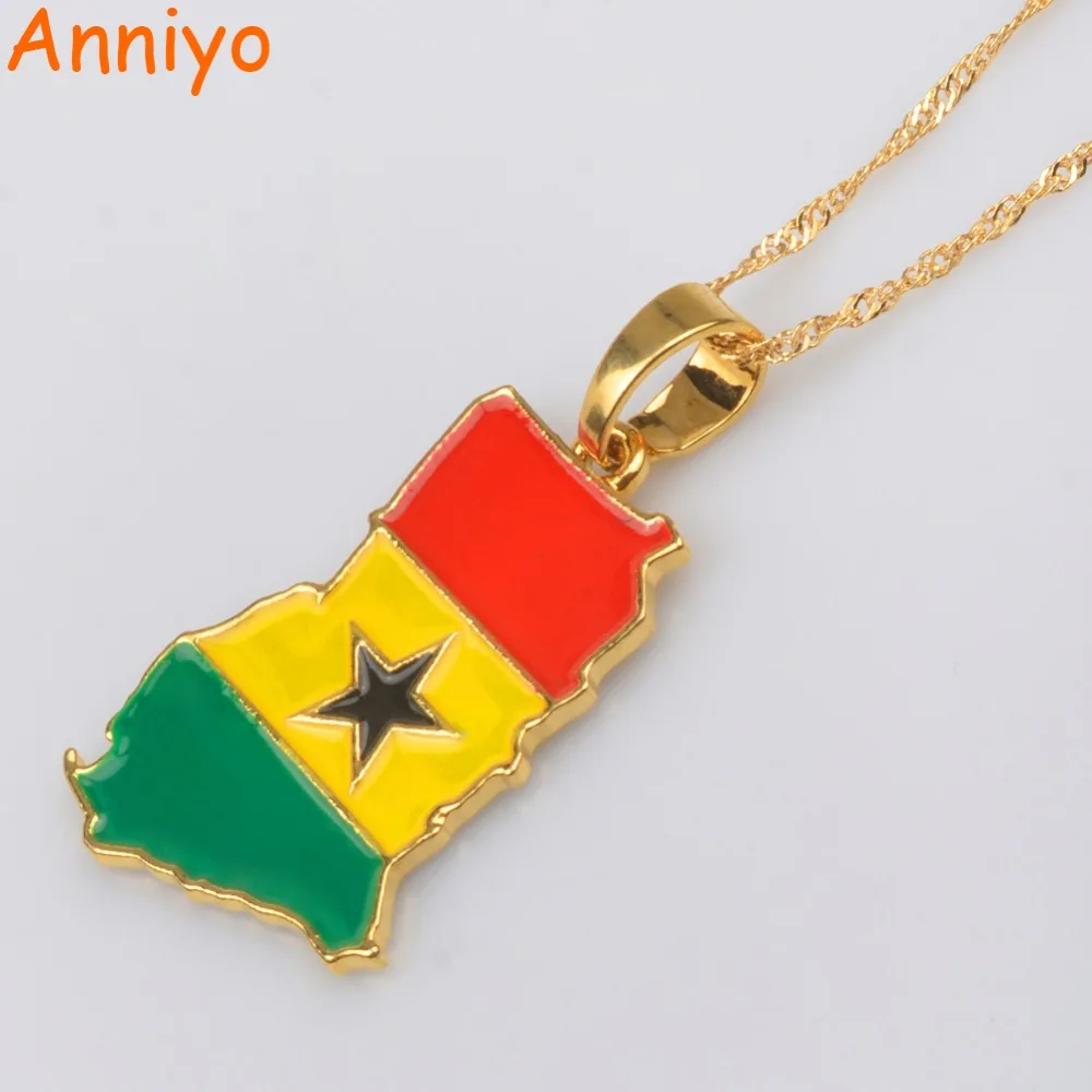 Anniyo Ghana Map/Flag Pendant Necklace Gold Color Jewelry Ghanaian