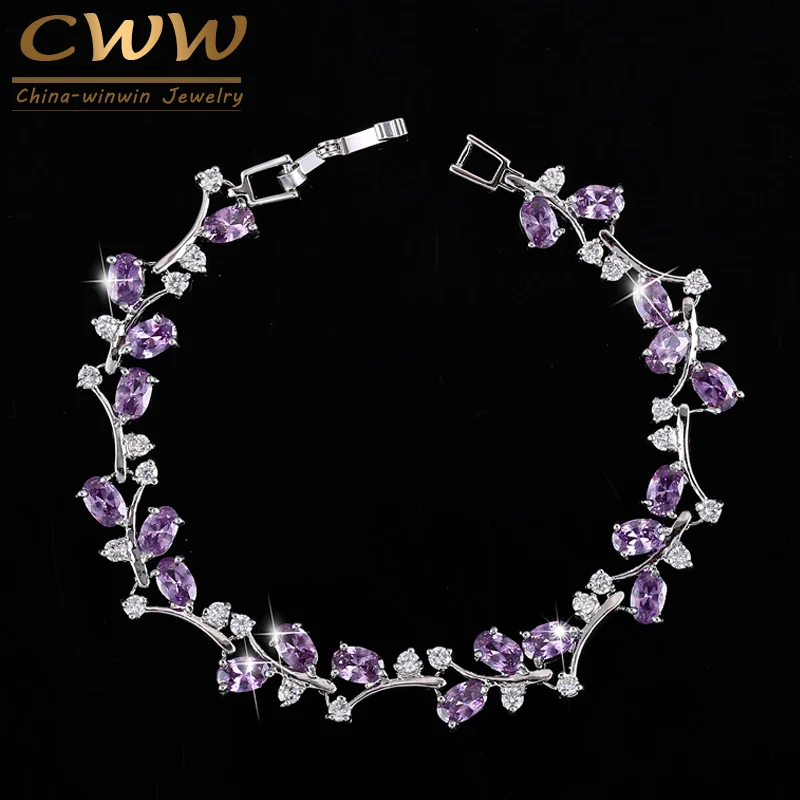 

CWWZircons 6 Colors Options White Gold Color Handmade Austrian Crystal Rhinestone Purple Stones Bracelets Bangle for Women CB078