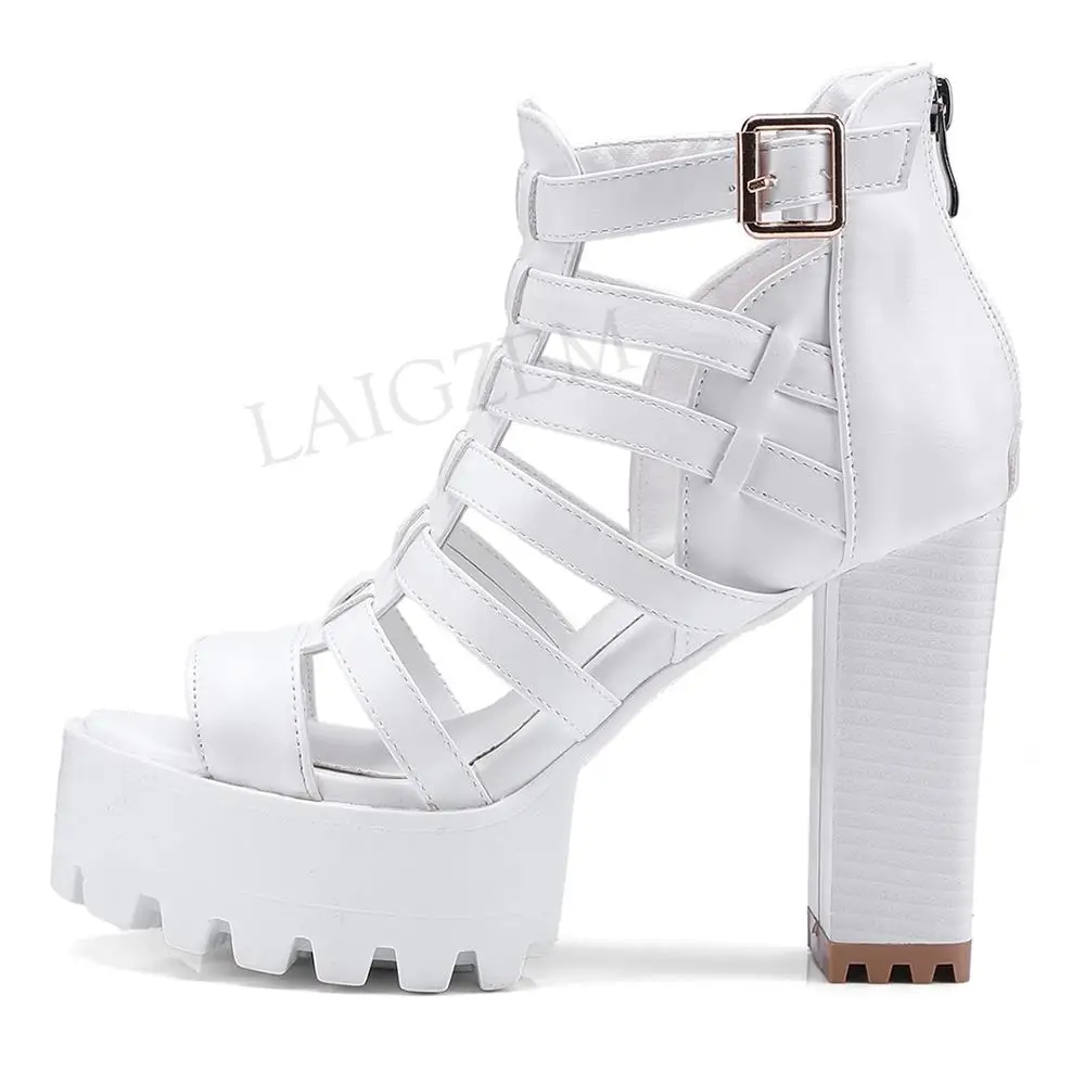LAIGZEM FASHION Women Sandals Chunky Heels Sandals Straps Back Zipper Faux Leather Ladies Shoes Summer Woman Big Size 33-45 (12)