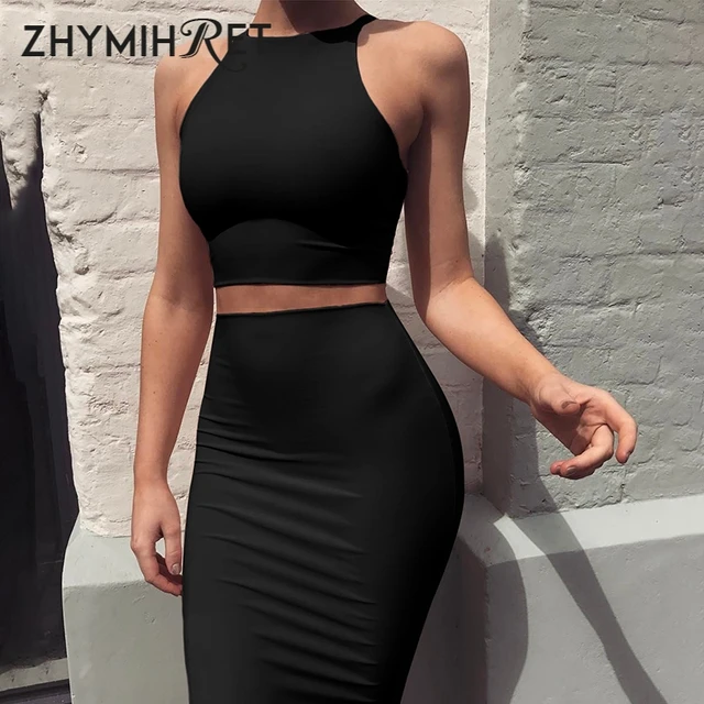 ZHYMIHRET 2021 Sexy Summer Two Piece set dress Crop Tops sheath set Mini bandage Dress Sleeveless party Vestidos robe femme ete 2