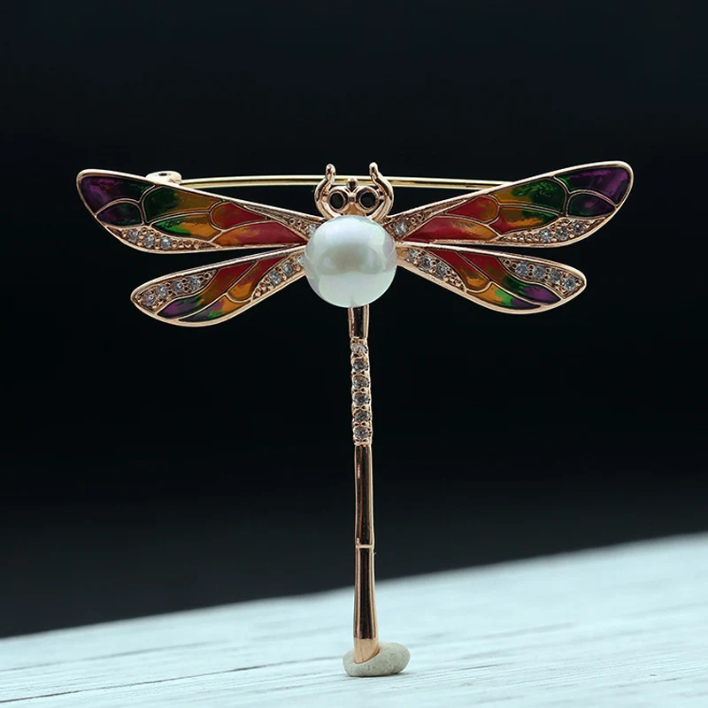 UALGL Fashion Pearl Enamel Brooch Colorful Dragonfly Lapel Pins Insect