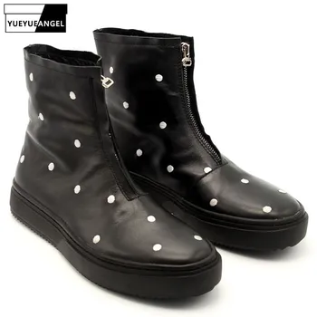 

Casual Round Toe Polka Dot Men Boots Winter Zipper Black Cow Leather Platform Boots High Quality Concise High Top Hip Hop Botas