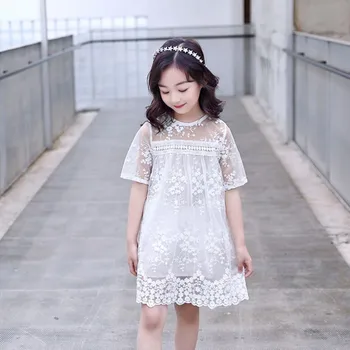 

New Kids Dresses For Teen Girls 2019 Summer Fashion White Short Sleeve Lace Embroidery Princess Dress Girls Wedding Party Dress