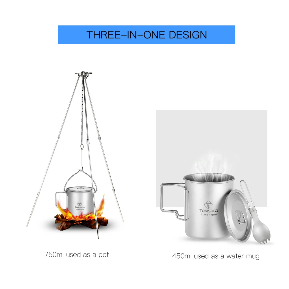 TOMSHOO 3 unidades de Camping al aire libre de utensilios de cocina kamp titanio 750 ml olla 450 mL taza de agua Picnic Camping vajilla kamp malzemeleri