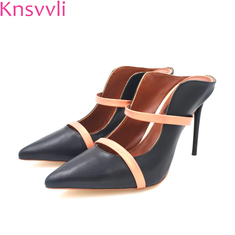 

Knsvvli Baotou Cowhide Women Mules Heels Mixed Colors Narrow Band Concise Stilettos Women Pointed Slippers Lazy Shoes