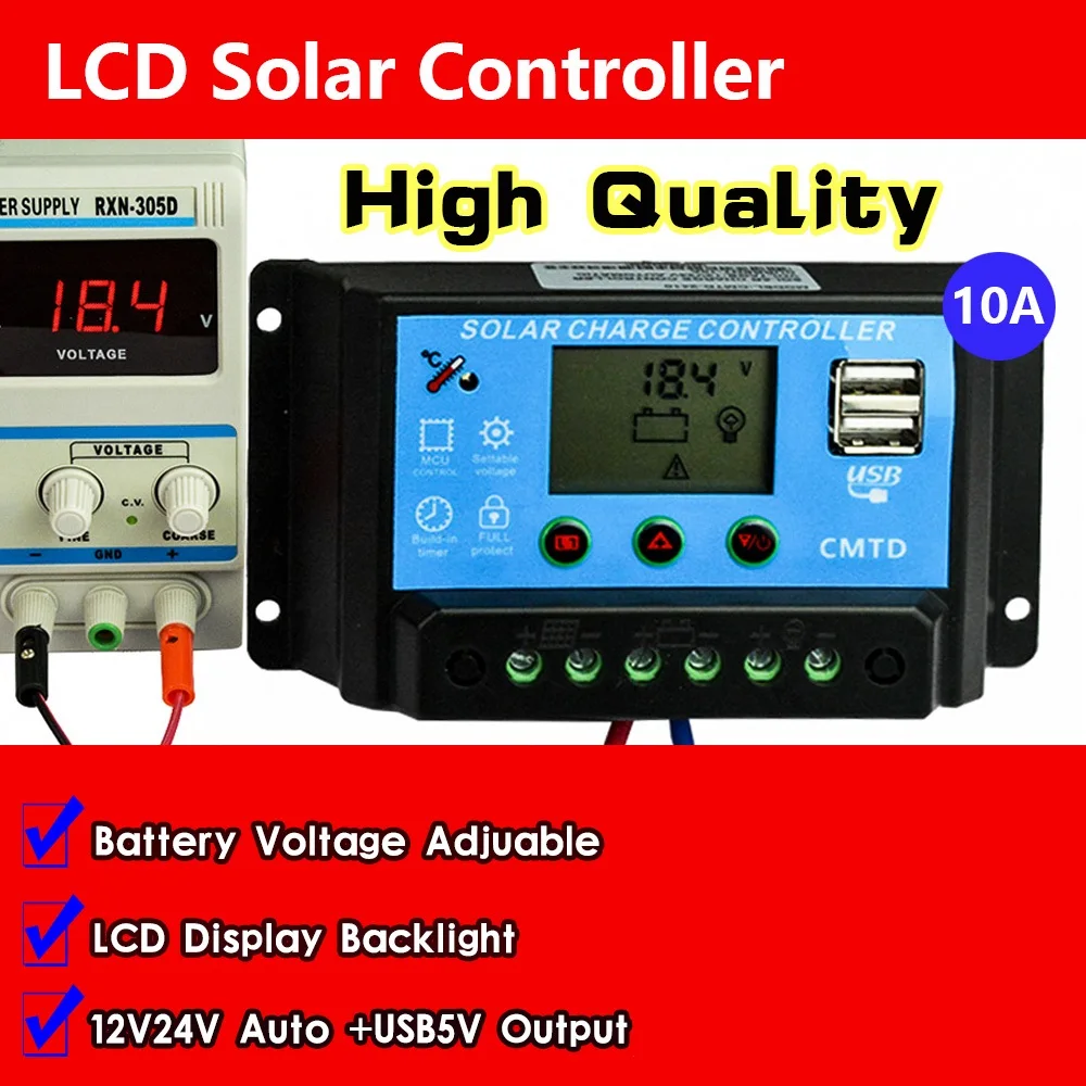 

10A 12V/24V Dual USB Solar Controller Auto LCD Dispaly PWM Solar cell panel Charge Battery regulator Solar kit Solar lighting