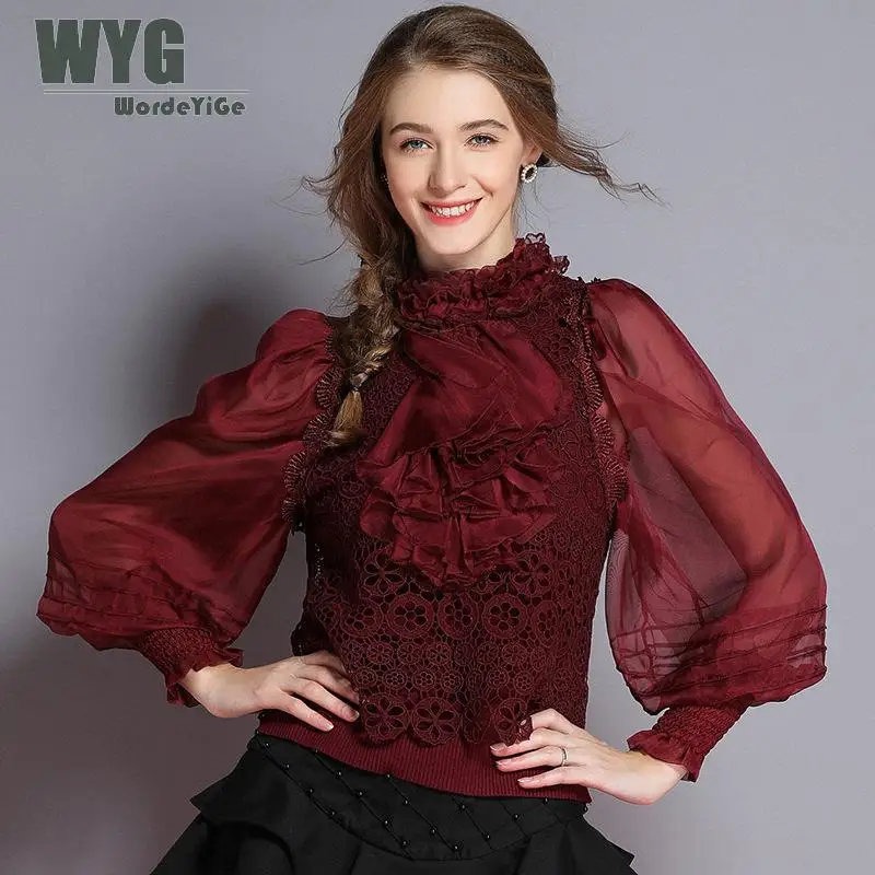 

Palace Style Paris Sweaters and Pullovers 2018 Autumn New Hollow Out Flowers Ruffles Lantern Long Sleeve Black White Knit Tops