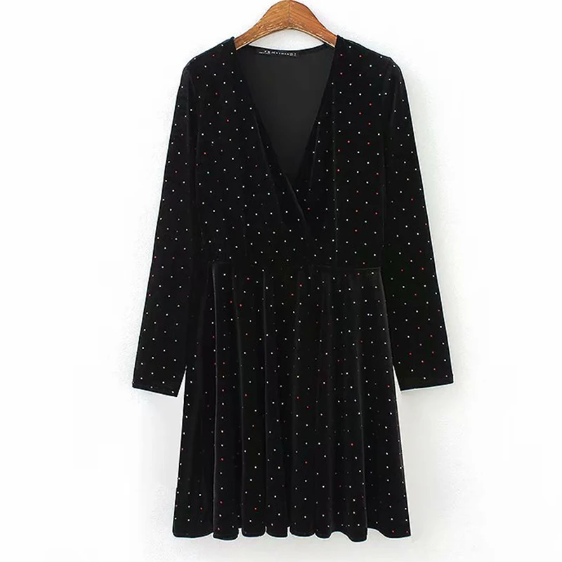 Women's Clothing Dress 2019 Colorful Dot Printed Velvet Hot Diamond V-Neck Dress Ms Summer Sexy Slim Fit Temperament Clothing