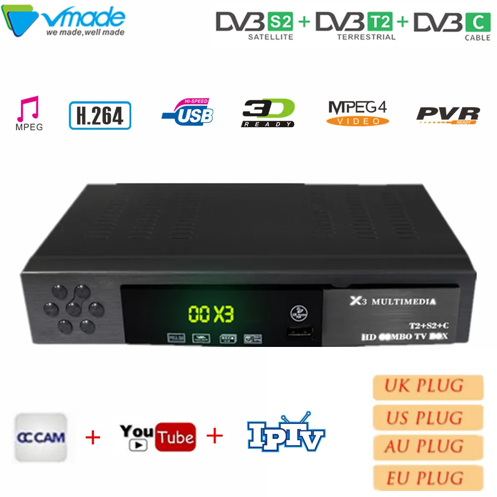 

Vmade DVB-T2 S2 DVB-C 3 in 1 Combo receiver Digital Terrestrial Satellite TV Receiver Support AC3 Cccam Youtube Biss IPTV TV Box