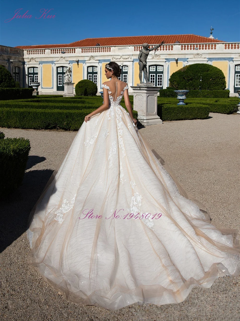 Роскошная вуаль иллюзия ремни и сзади юбки вышитые аппликации бальное платье принцессы свадебное платье Часовня Поезд платье невесты