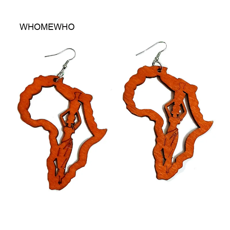 

WHOMEWHO Brown Wood Hollow out Africa Map Engraved Queen Ear Earrings Vintage Party African Afro Jewelry Wooden DIY Club Gifts