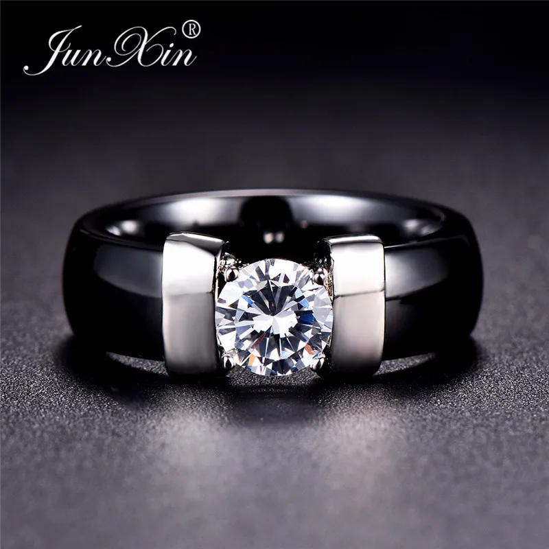 JUNXIN Female Male Black White Ceramic Rings For Couples Silver Gold Metal Round Zircon Crystal Wedding Rings For Men Women Gift
