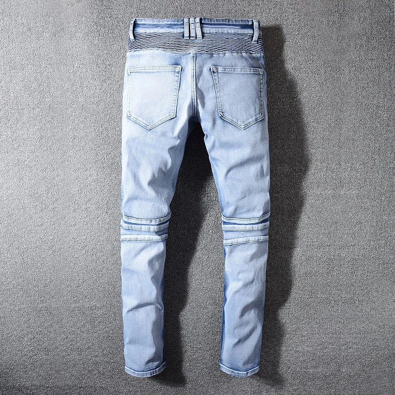 Fashion Streetwear Men Jeans White Wash Retro Destroyed Ripped Jeans Men Elastic Hip Hop Pants Spliced Designer Biker Jeans