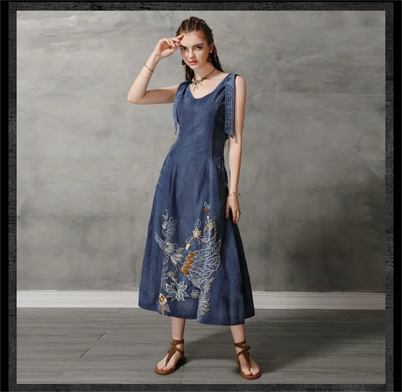Summer Tank Dress 2019 Vintage Cotton Women's Denim Dresses O-Neck Sleeveless Woman Embroidery Swing Hem Sundress Ke82168 (9)