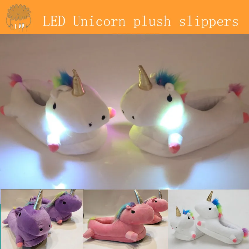 

LED grow lighting rainbow Unicorn Plush Toy Cartoon unicorn indoor plush slipper Winter Warm Indoor Slippers Shoes for teenage