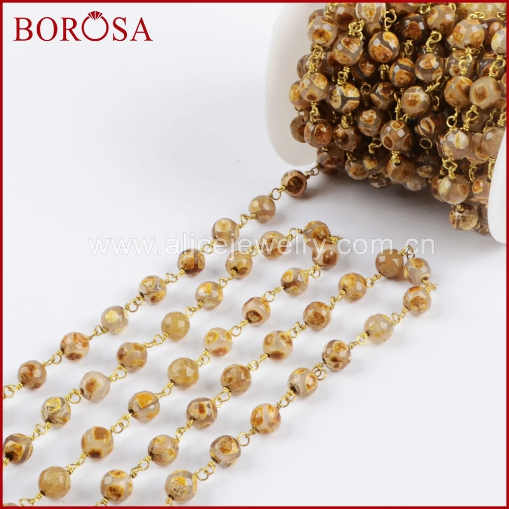 

BOROSA 5Meters Gold Color 8mm Blue Tibetan Agates Bead Chain Fashion Brass Beaded Chains Jewelry Findings JT227