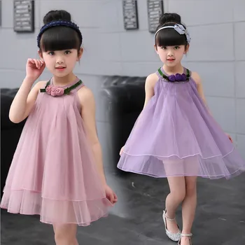 

2018 Summer Cute Girl Dress Sleeveless Princess Mesh Lace Flower Patchwork Girl Dress Hanging Neck Kids Dresses for Girl Clothes