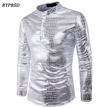 

2019 Autumn New Men's Fashion Serpentine Nightclub White Black Silver Metallic Shiny Long Sleeve Stand Collar Men Dress Shirt