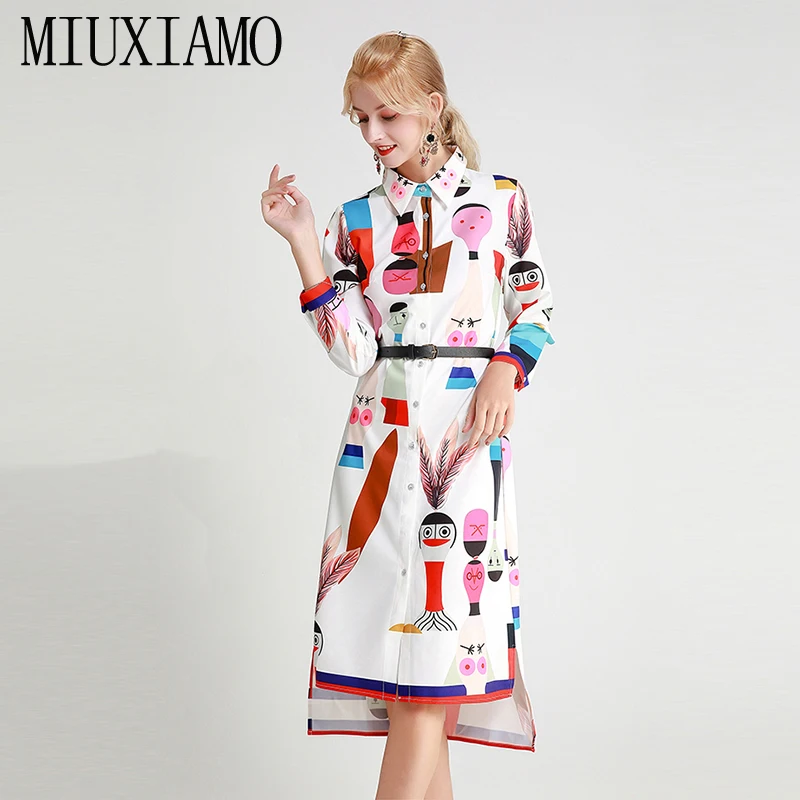 

MIUXIMAO 2019 Fashion Runway Design Fall Casual Dress Women's Short Luxury Cartoon Print Vintage Dress Women vestido With Belt