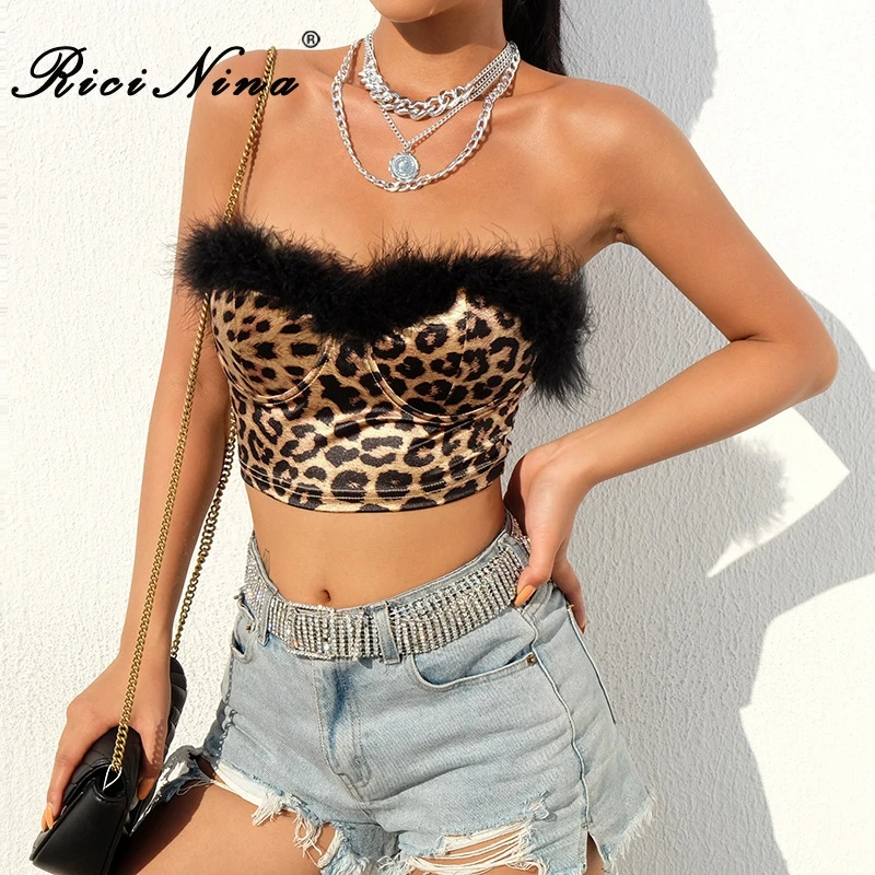 

RICININA 2019 Tank Tops Women Strapless Sleeveless Feathers Short Tank Top Ladies Summer Sreetwaer Club Tank Top Leopard Tops
