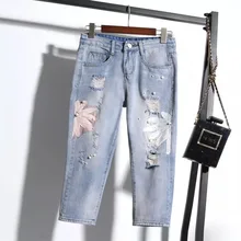 Вышивка жемчугом бисером рваные синие женские джинсы шаровары xl Плюс Размер керосиновые повседневные джинсовые брюки до середины икры для девочек