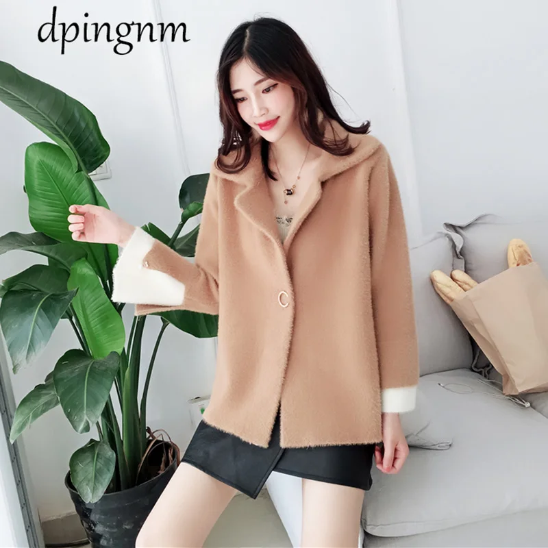 Mink-like velvet jacket mid-long style women's 2019 New autumn-winter Korean version of loose sweater cardigan and thicker Knitt |