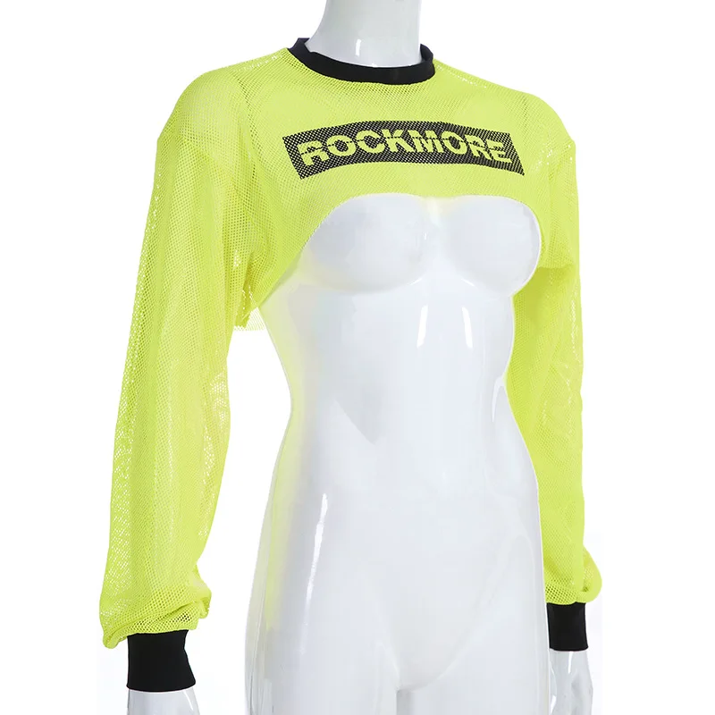 Streetwear Neon Green Mesh fishnet crop top smock long sleeve letter print summer cropped t shirt feminist harajuku kawaii Streetwear Neon Green Mesh fishnet crop top smock long sleeve letter print summer cropped t shirt feminist harajuku kawaii