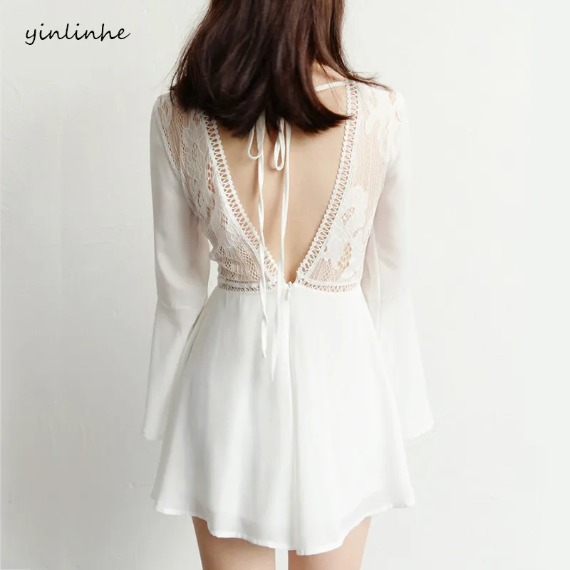 

yinlinhe White Short beach Jumpsuit Women Rompers sexy backless playsuit long flare sleeve red lace up Summer overalls boho 606