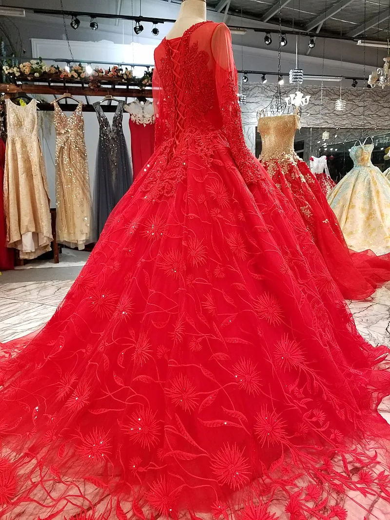 AXJFU принцессы кружева цветок красный роскошное вечернее платье винтажное с отделкой бусинами Кристалл Длинные рукава вечернее платье 100%
