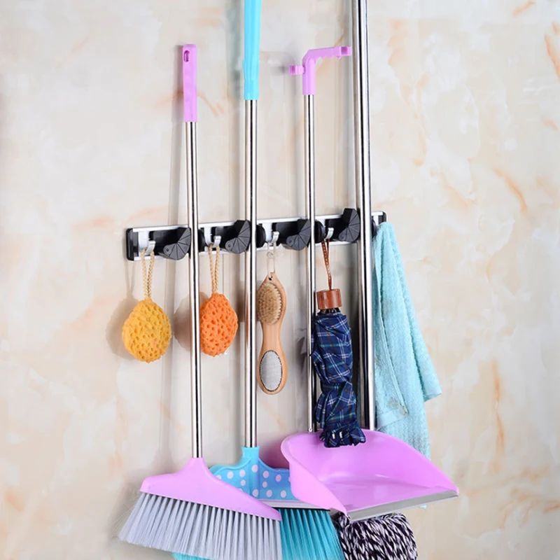 Universal Kitchen Storage Tool Holder Position With Hooks Wall Mounted Storage Organizer Mop and Bathroom Holders Racks