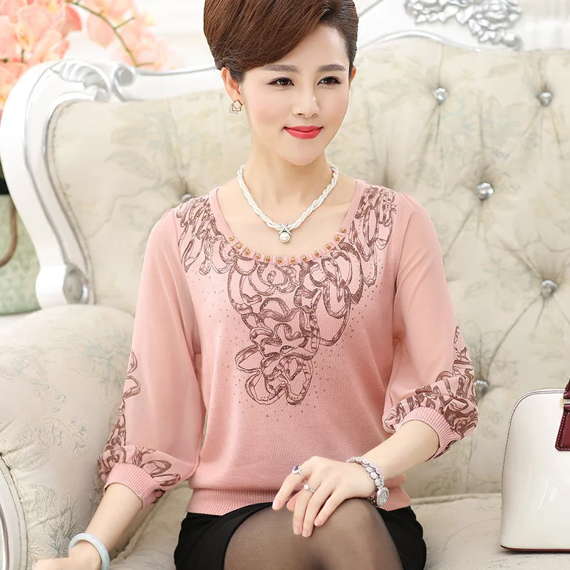 Women Spring Summer Loose Knit Blouse Shirt Plus Size 4XL Middle Aged 2019 New Chiffon Half Sleeve Printed Pullover Thin Tops |