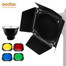 Стандартный рефлектор Godox Bowens Mount с фонариком Barndoor с сотовой сеткой и 4 цветными фильтрами Gel Set Стандартный рефлектор Godox Bowens Mount с фонариком Barndoor с сотовой сеткой и 4 цветными фильтрами Gel Set