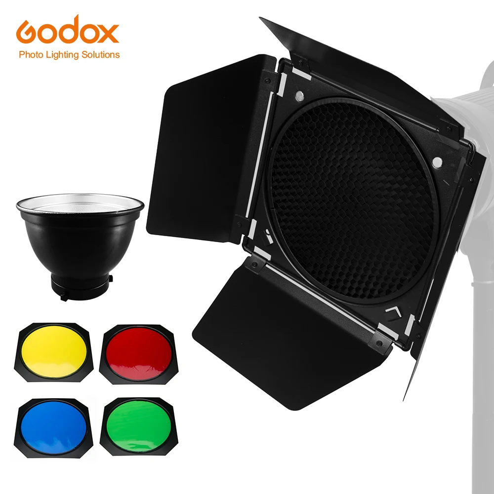 Стандартный рефлектор Godox Bowens Mount с фонариком Barndoor сотовой сеткой и 4 цветными