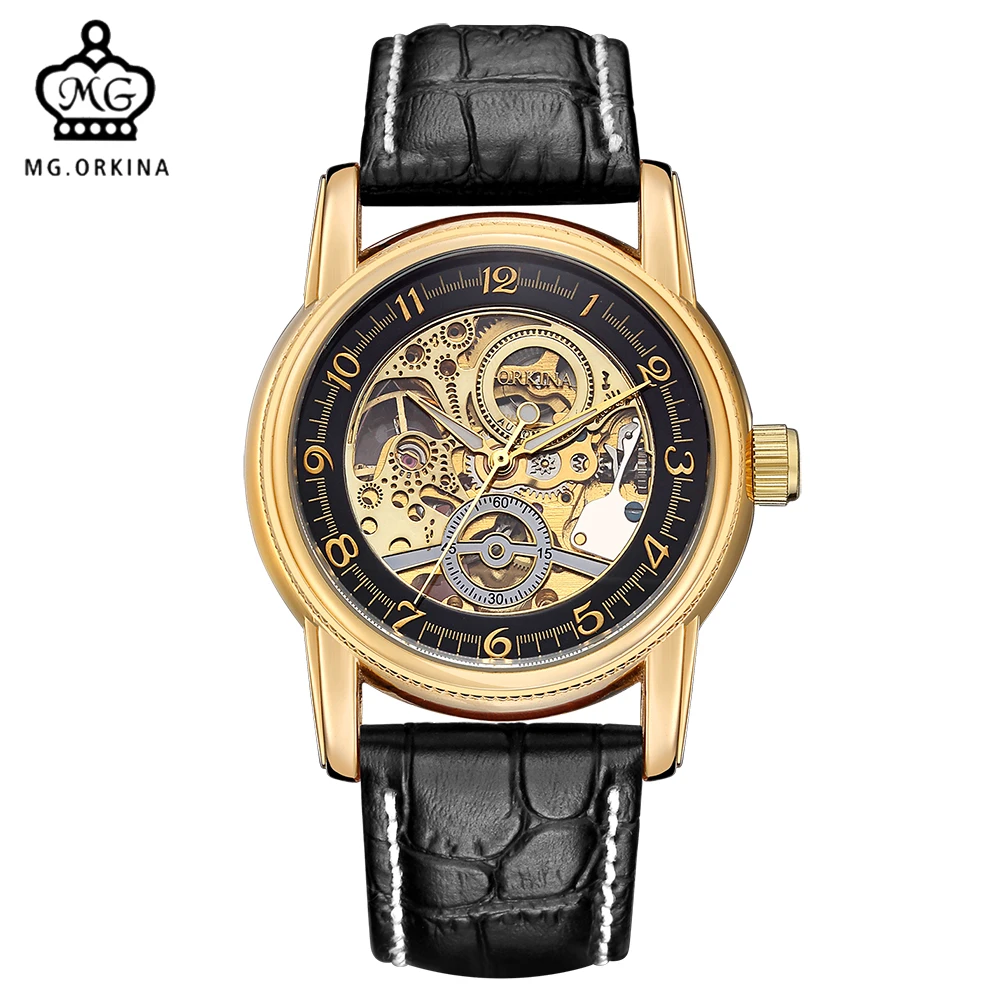 

MG. ORKINA Relogio Masculino Unique Mens Gifts Montre Automatique Homme Black Strap Mechanical Luminous Dial Rose Gold Watch