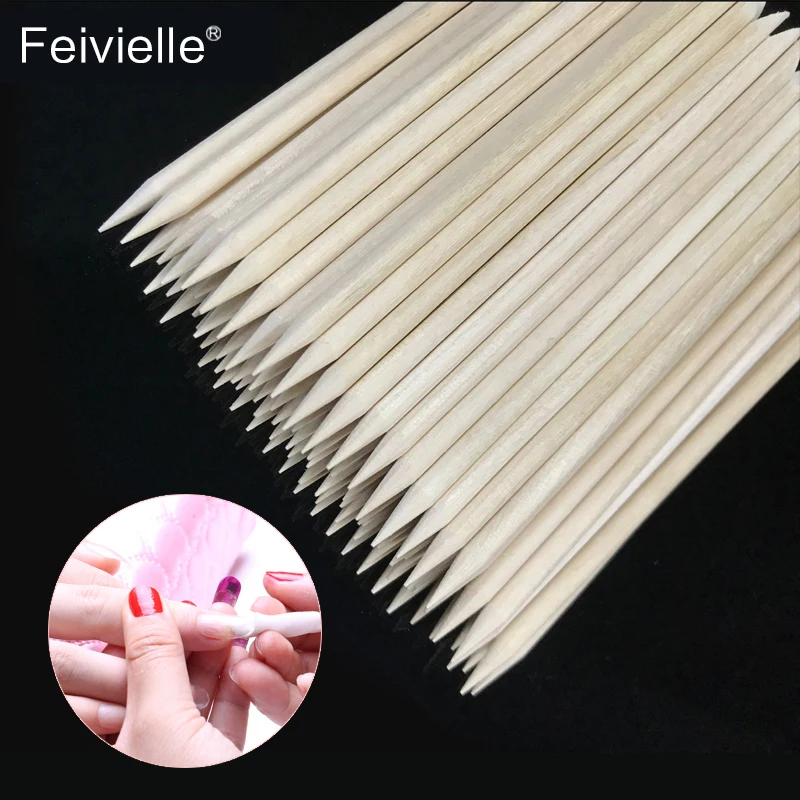 Feivielle100Pcs Nail Art Orange Wood Stick Cuticle Pusher Remover for