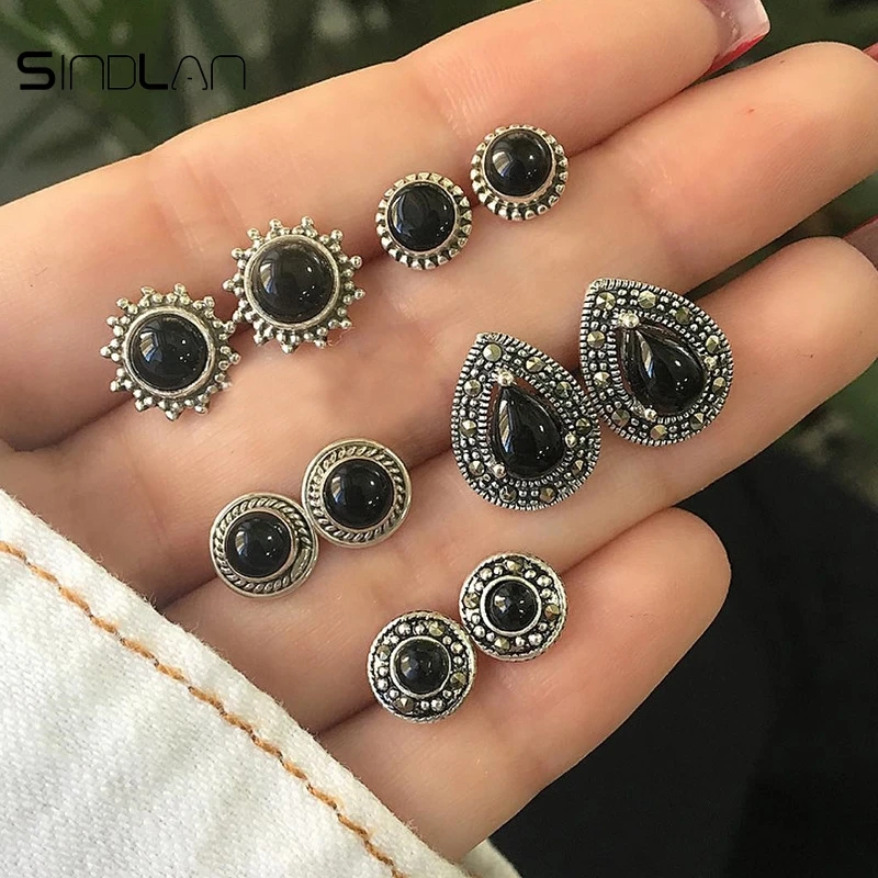 

Sindlan Earrings Ethnic Wind 10pcs / Set Vintage Women Jewelry Charm Black Resin Round Water Droplets Simple Metal Stud Earrings